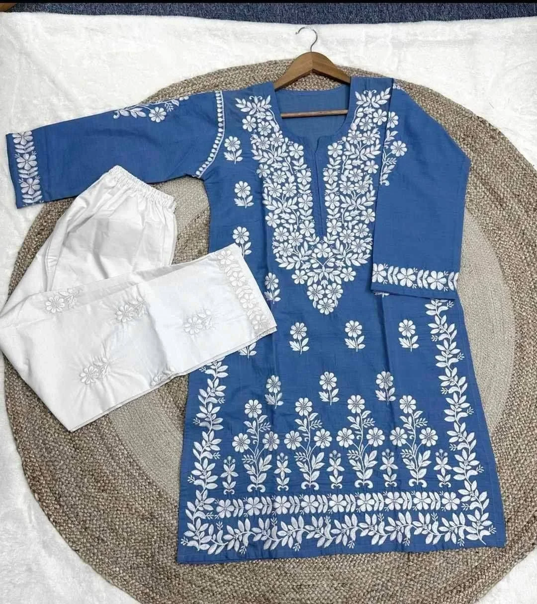 Lucknow Embroidery Two Piece Set-Sky Blue
