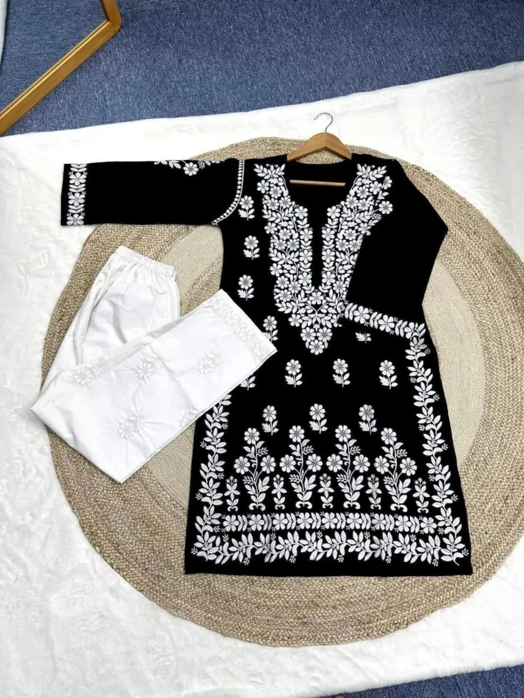 Lucknow Embroidery Two Piece Set -Black